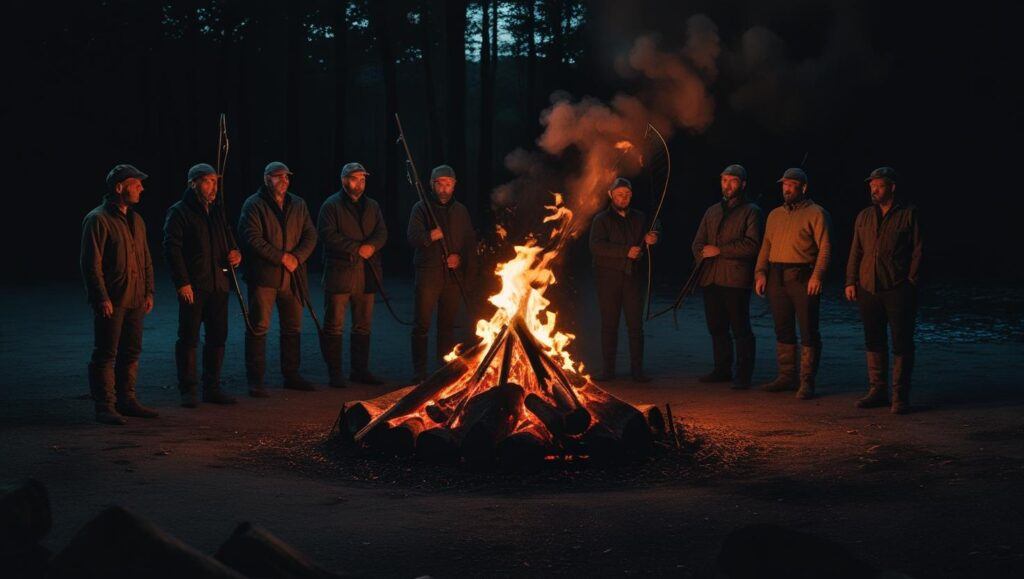 A bonfire in the center of a dark village, faces of hunters in the glow, all staring out into the endless black of the forest.