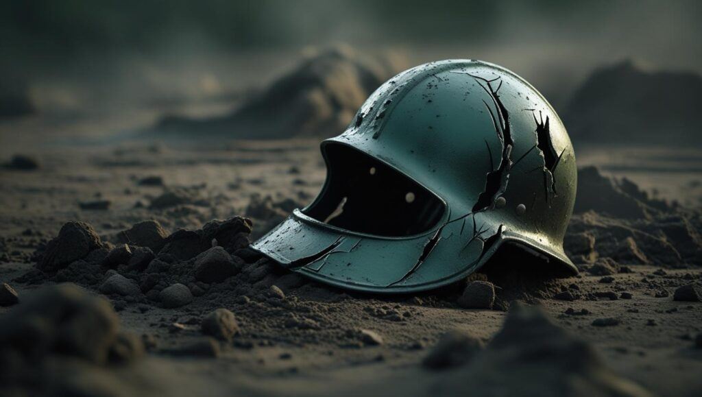 A broken hunting helmet lying in the dirt, claw marks raked across it.