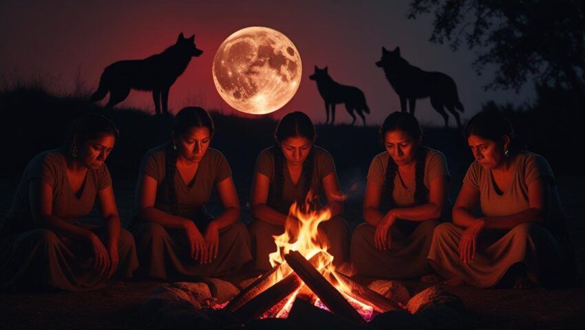A circle of war wives lit by firelight, cloaked in shadow, their faces strong but weary. In the background, wolves howl beneath a blood moon.
