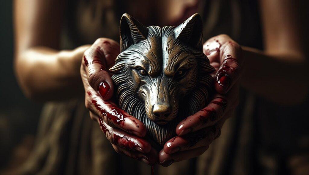 A close-up of a war wife’s hands, bloodstained but holding a carved wooden talisman of a wolf.