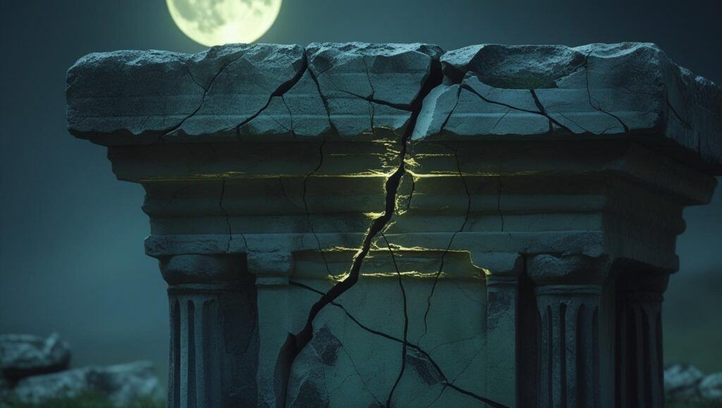 A close-up of an ancient stone altar, cracked and covered in claw marks, glowing faintly under the moonlight.