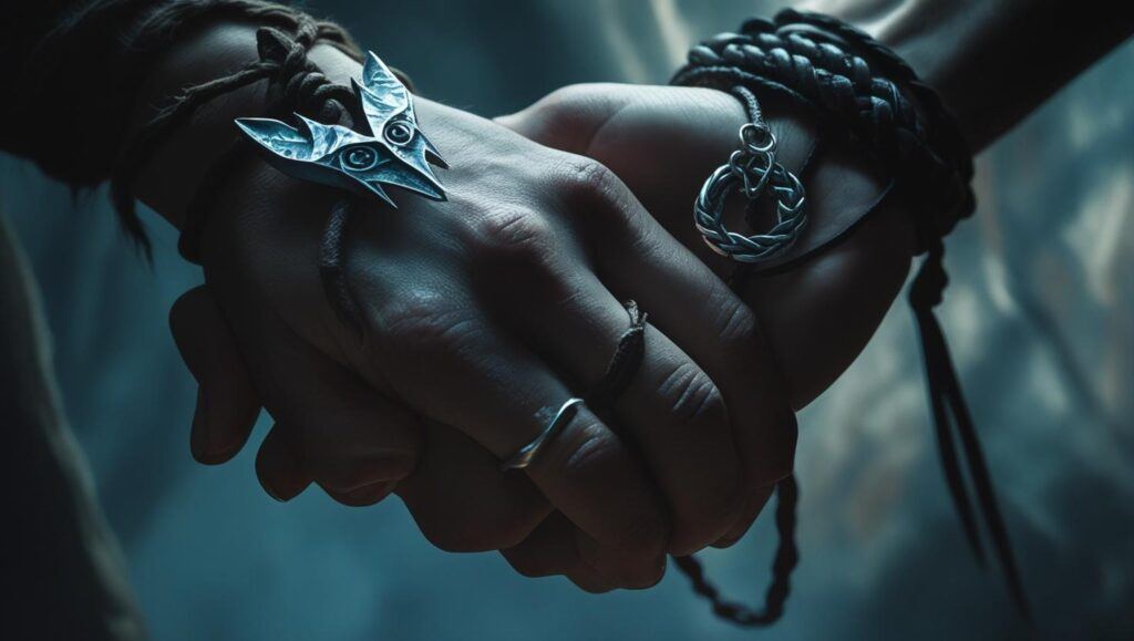 A close-up of clasped hands in shadow — one wearing a wolf fang talisman, the other a braided leather band — just barely touching.