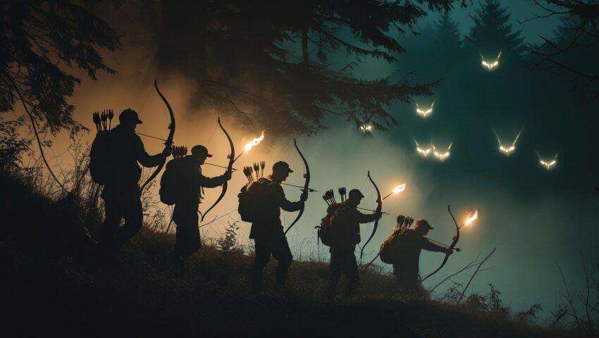 A group of hunters at the edge of a forest at night, torches glowing, bows and silver weapons ready. Mist hides glowing wolf eyes in the background.