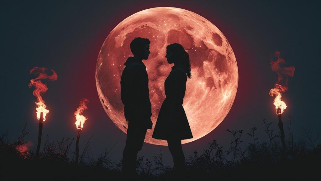 A silhouette of the heir and heiress, side by side under a blood-red moon, with hunters’ torches glowing in the far distance.