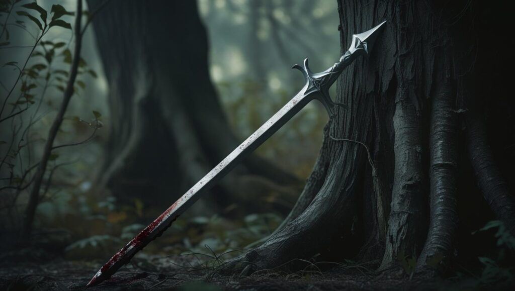 A silver-bladed spear leaning against a tree stump, dried blood staining the tip.
