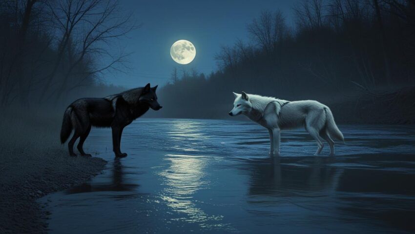 Two wolves — one black, one white — standing on opposite sides of a river at dusk. The moonlight touches both, but they cannot cross.